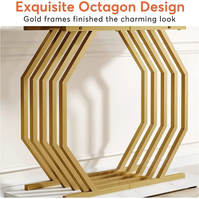 Console dorée, Table d'entrée en faux marbre, Table basse étroite avec base géométrique en métal, Table d'appoint moderne de 101,6 cm