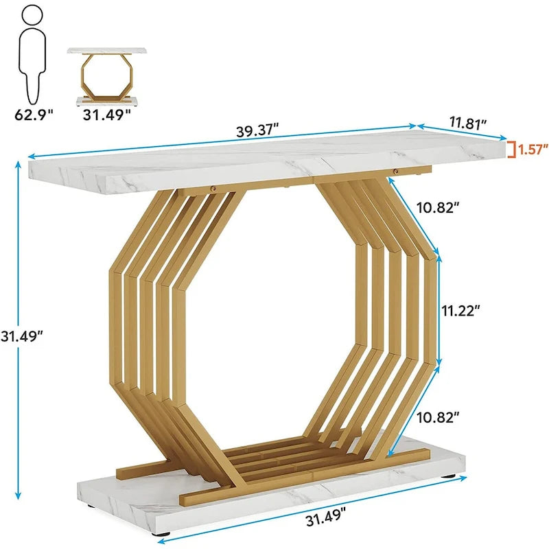 Console dorée, Table d'entrée en faux marbre, Table basse étroite avec base géométrique en métal, Table d'appoint moderne de 101,6 cm