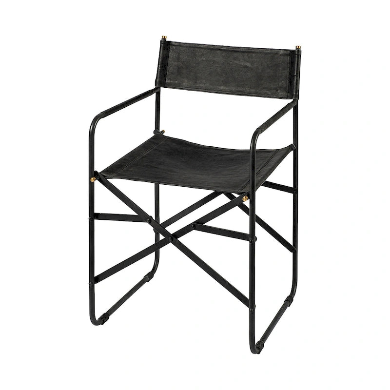 Chaise de salle à manger Direttore avec assise en cuir véritable noir et cadre en fer noir – 19,7 L x 21,7 P x 33 H