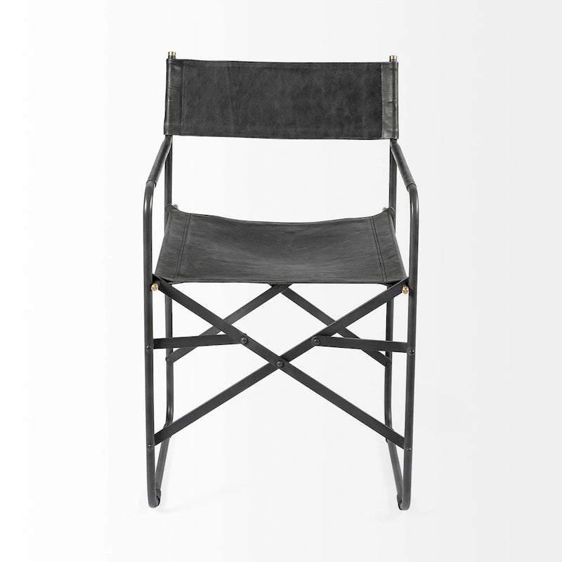 Chaise de salle à manger Direttore avec assise en cuir véritable noir et cadre en fer noir – 19,7 L x 21,7 P x 33 H