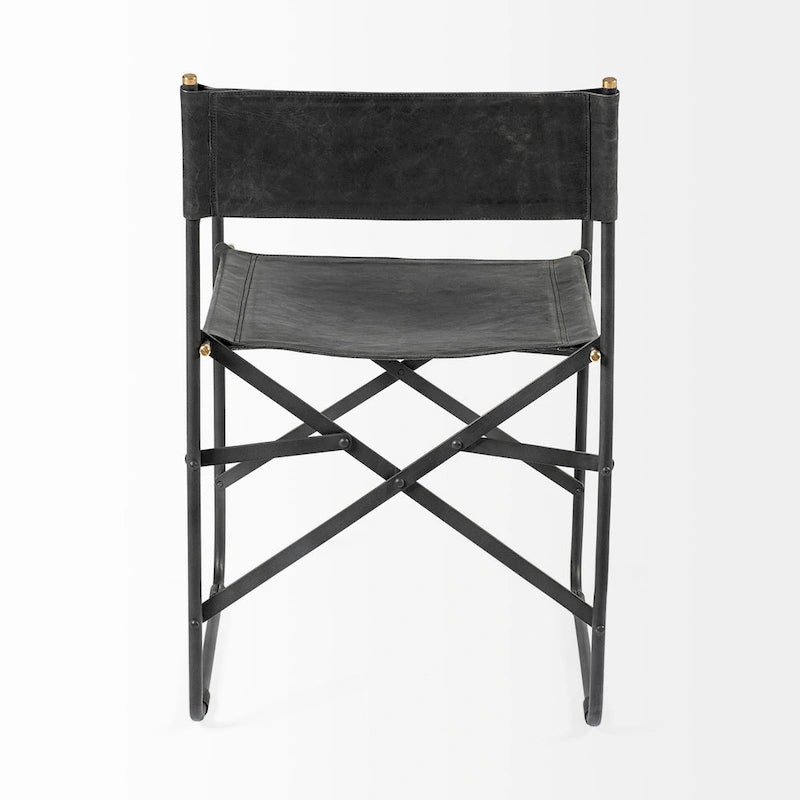 Chaise de salle à manger Direttore avec assise en cuir véritable noir et cadre en fer noir – 19,7 L x 21,7 P x 33 H