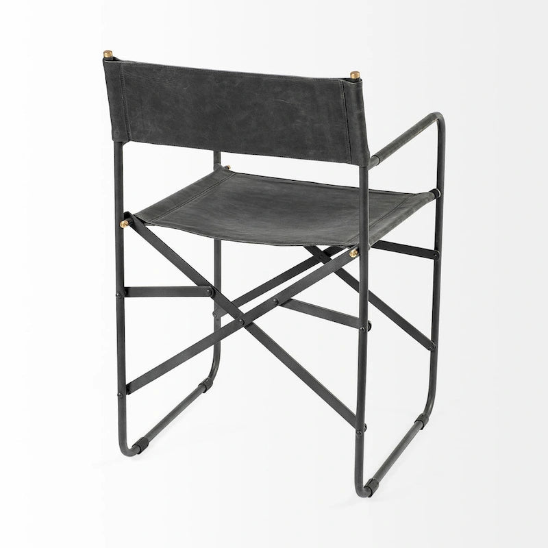Chaise de salle à manger Direttore avec assise en cuir véritable noir et cadre en fer noir – 19,7 L x 21,7 P x 33 H