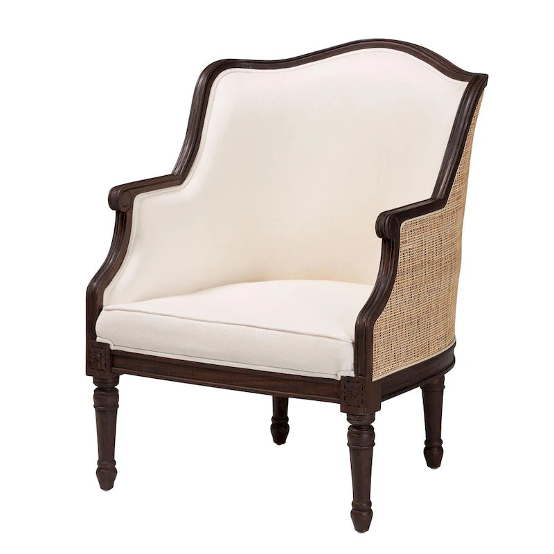 Fauteuil d'appoint traditionnel français bali & pari Ornella en tissu beige et bois de finition brun foncé