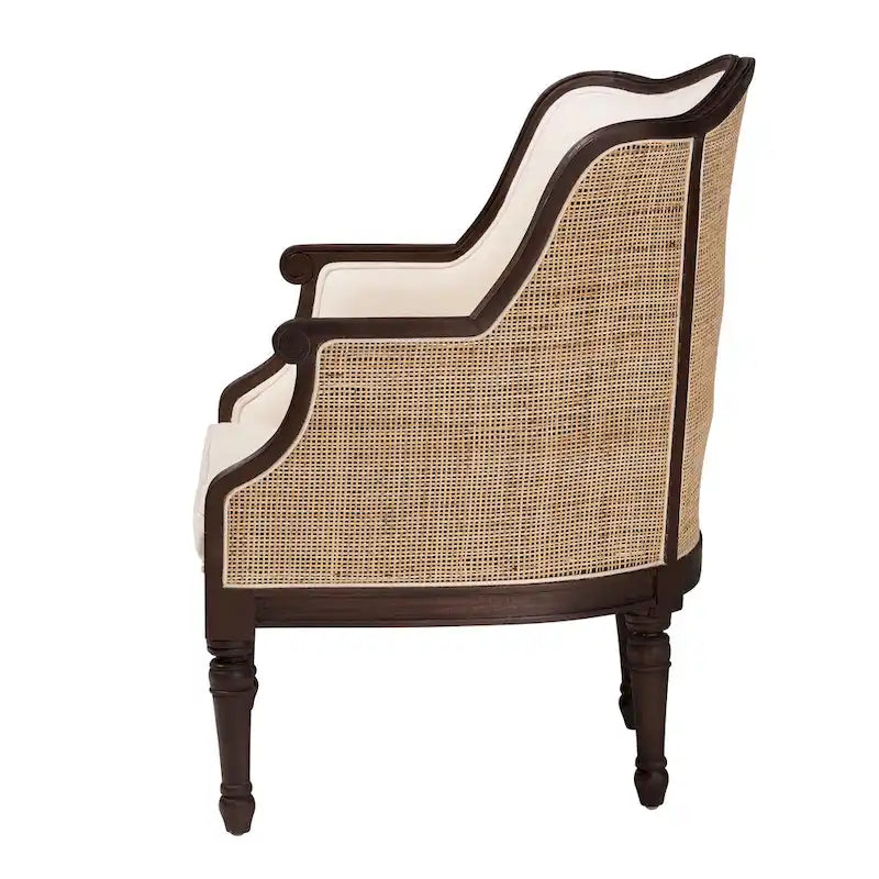 Fauteuil d'appoint traditionnel français bali & pari Ornella en tissu beige et bois de finition brun foncé