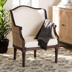 Fauteuil d'appoint traditionnel français bali & pari Ornella en tissu beige et bois de finition brun foncé