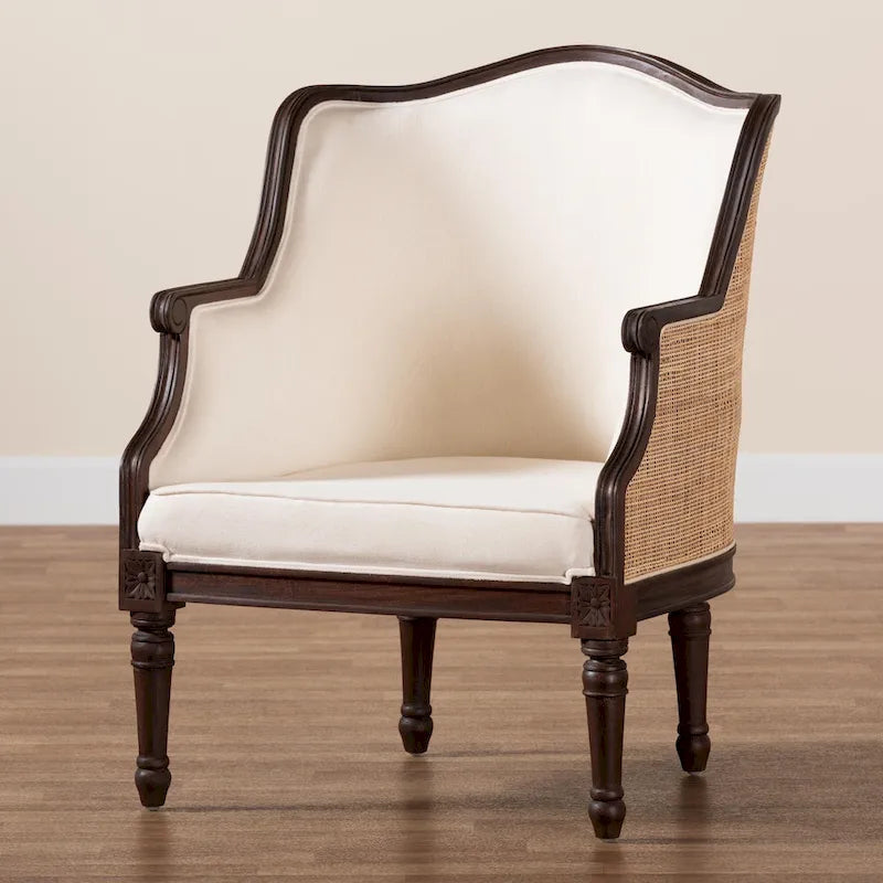 Fauteuil d'appoint traditionnel français bali & pari Ornella en tissu beige et bois de finition brun foncé