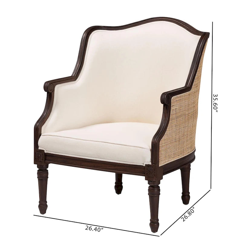 Fauteuil d'appoint traditionnel français bali & pari Ornella en tissu beige et bois de finition brun foncé