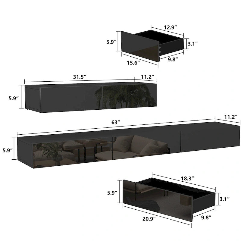 Meuble TV flottant LED Meuble de Divertissement pour Maison et Bureau 2 Pièces