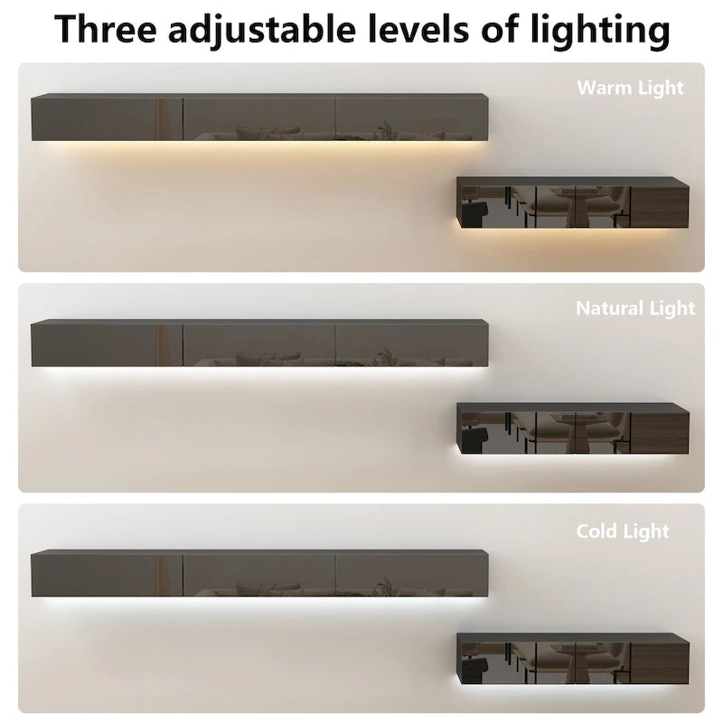 Meuble TV flottant LED Meuble de Divertissement pour Maison et Bureau 2 Pièces