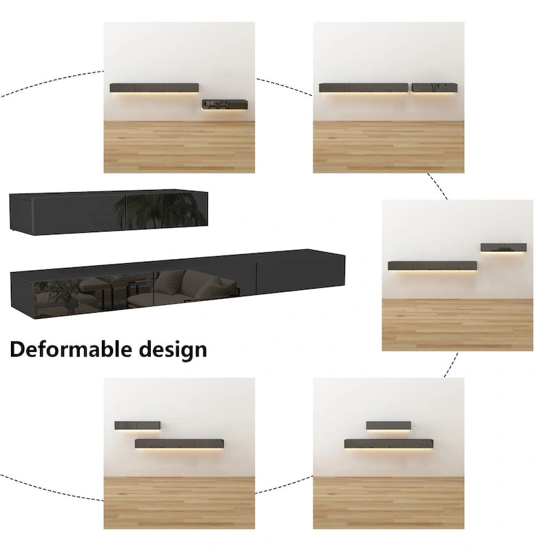 Meuble TV flottant LED Meuble de Divertissement pour Maison et Bureau 2 Pièces