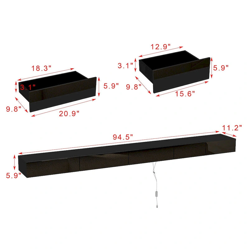 Meuble TV flottant LED Meuble de Divertissement pour Maison et Bureau 2 Pièces