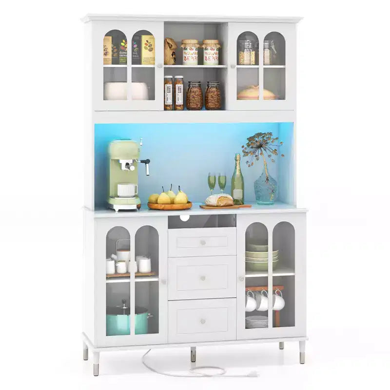 Costway 73 Kitchen Pantry Cabinet Kitchen Storage Hutch with LED lights USB Ports Type-C Port AC Outlets Kitchen Utility Cabinet with 3 Drawers