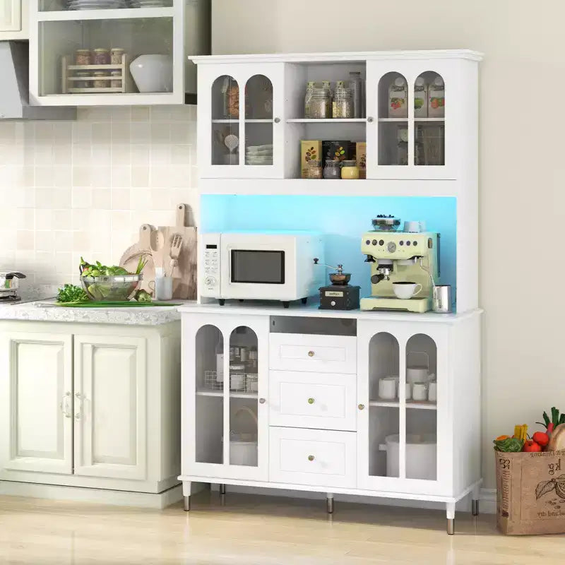 Meuble de cuisine Costway 73, buffet de rangement de cuisine avec lumières LED, ports USB, port Type-C, prises AC, meuble utilitaire de cuisine avec 3 tiroirs