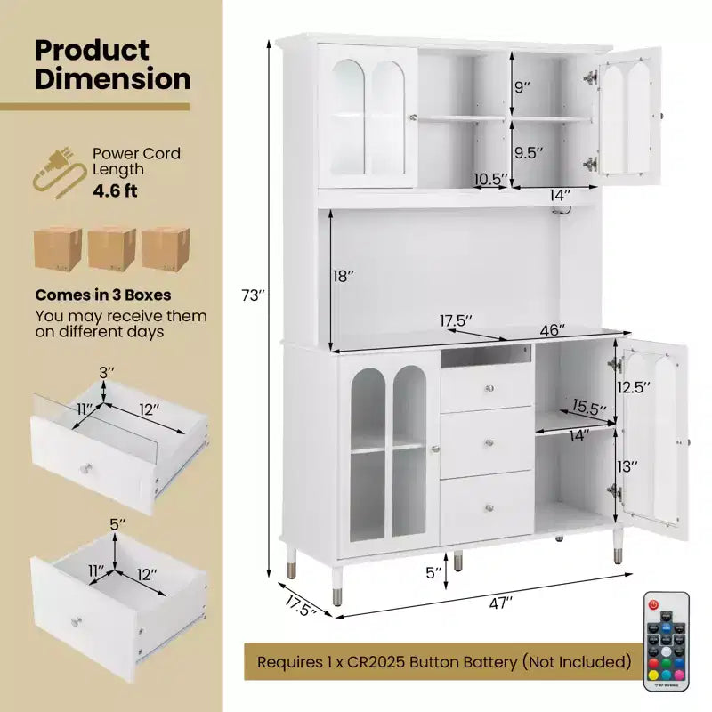 Meuble de cuisine Costway 73, buffet de rangement de cuisine avec lumières LED, ports USB, port Type-C, prises AC, meuble utilitaire de cuisine avec 3 tiroirs