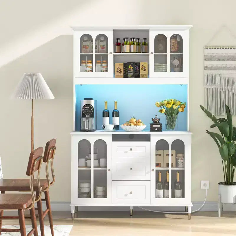 Meuble de cuisine Costway 73, buffet de rangement de cuisine avec lumières LED, ports USB, port Type-C, prises AC, meuble utilitaire de cuisine avec 3 tiroirs