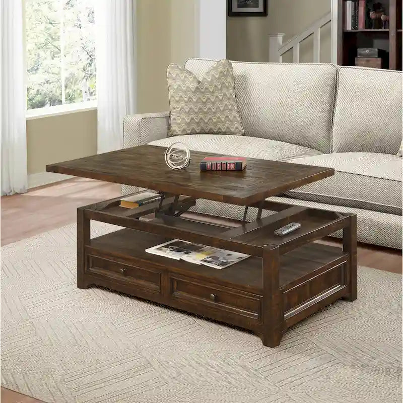 Table basse Jasper en bois massif avec plateau relevable et 2 tiroirs