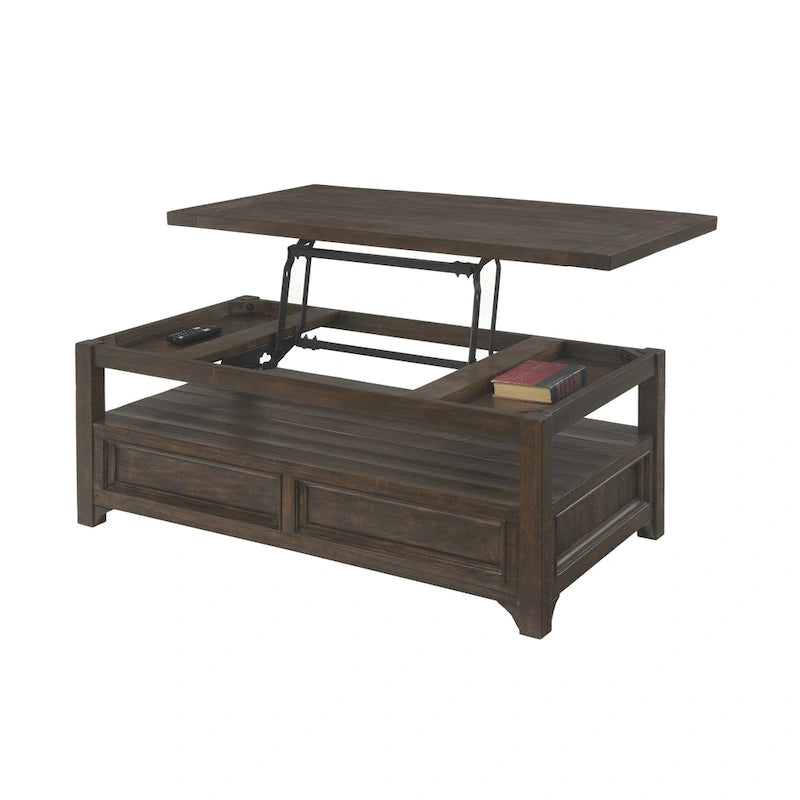 Table basse Jasper en bois massif avec plateau relevable et 2 tiroirs