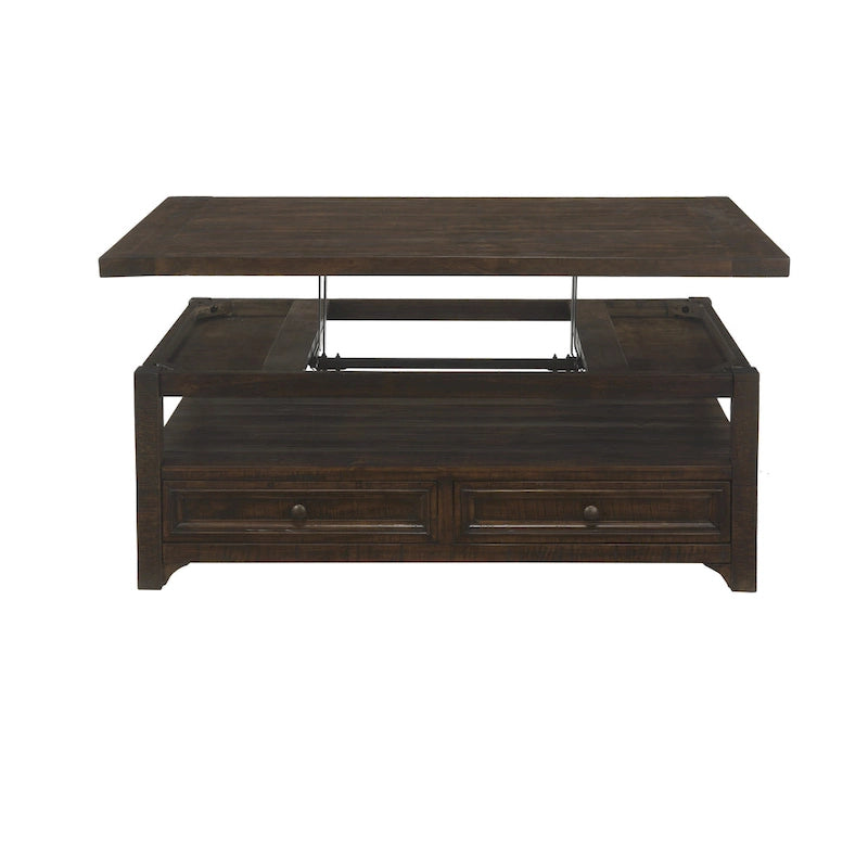 Table basse Jasper en bois massif avec plateau relevable et 2 tiroirs