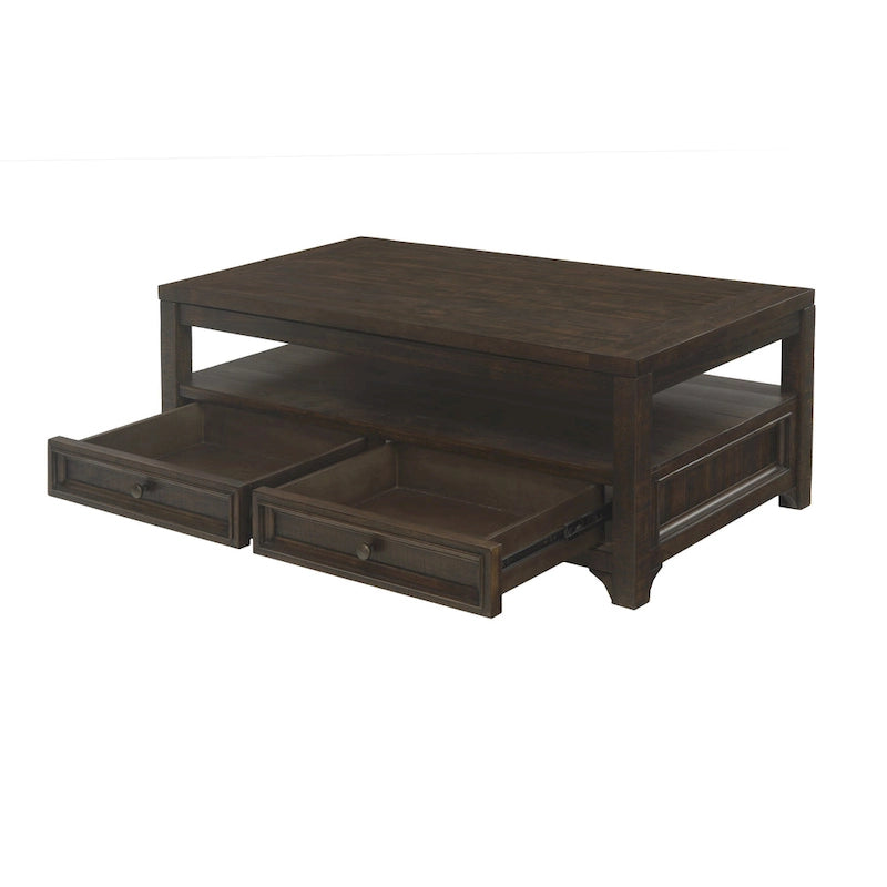 Table basse Jasper en bois massif avec plateau relevable et 2 tiroirs