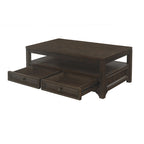 Table basse Jasper en bois massif avec plateau relevable et 2 tiroirs