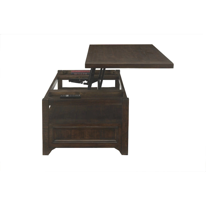 Table basse Jasper en bois massif avec plateau relevable et 2 tiroirs