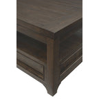 Table basse Jasper en bois massif avec plateau relevable et 2 tiroirs