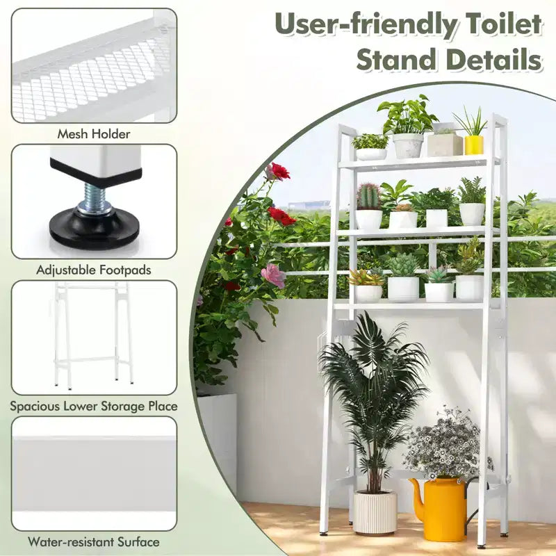Étagère de rangement Costway 3 niveaux pour toilettes, autoportante, avec 2 crochets latéraux, blanc/noir