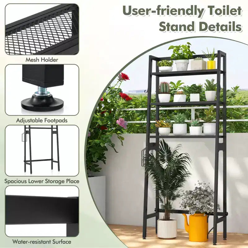 Étagère de rangement Costway 3 niveaux pour toilettes, autoportante, avec 2 crochets latéraux, blanc/noir