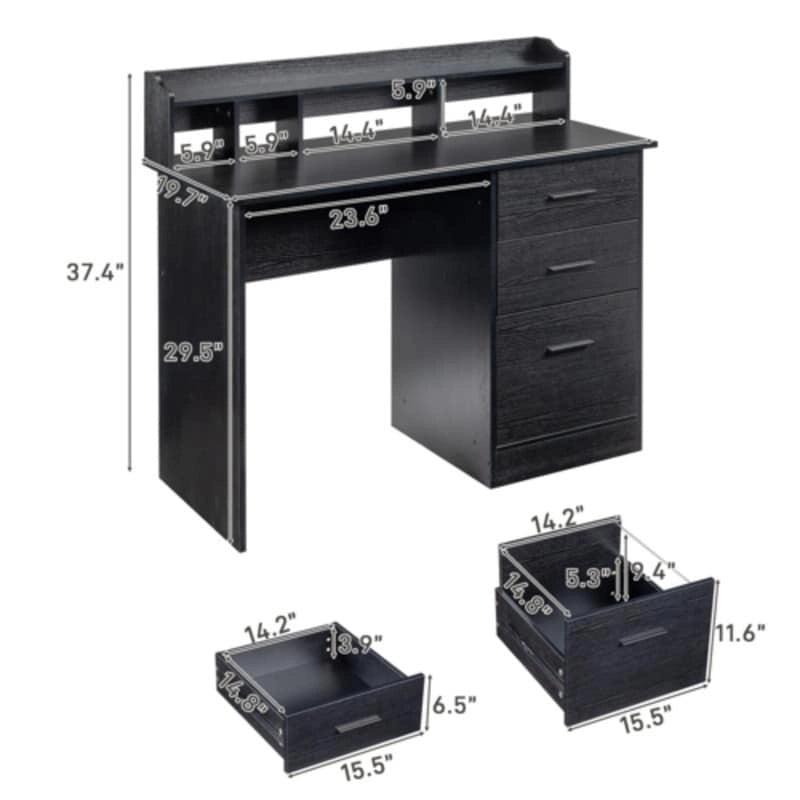 Bureau d'ordinateur en panneau de particules effet bois à trois tiroirs