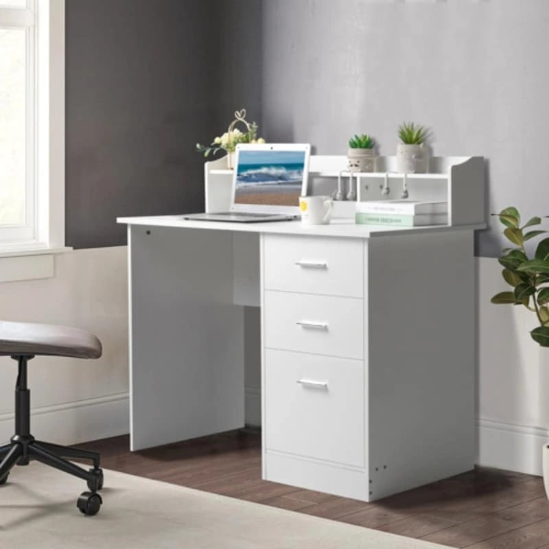 Bureau d'ordinateur en panneau de particules effet bois à trois tiroirs