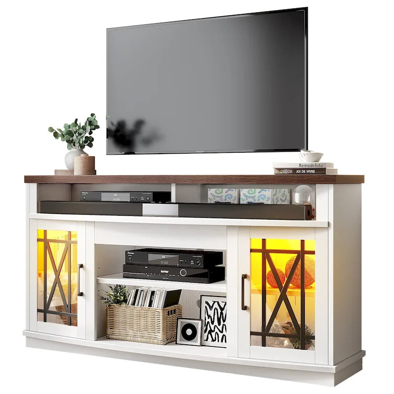 Meuble TV Moasis 150 cm avec 2 portes et lumières LED, pour téléviseurs jusqu'à 70 pouces