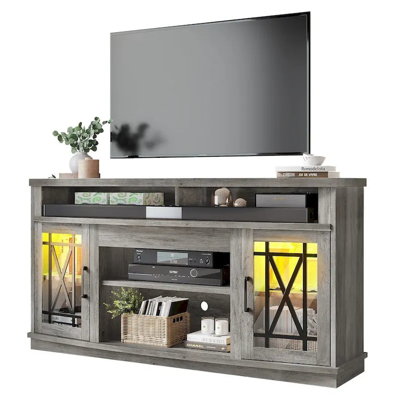 Meuble TV Moasis 150 cm avec 2 portes et lumières LED, pour téléviseurs jusqu'à 70 pouces