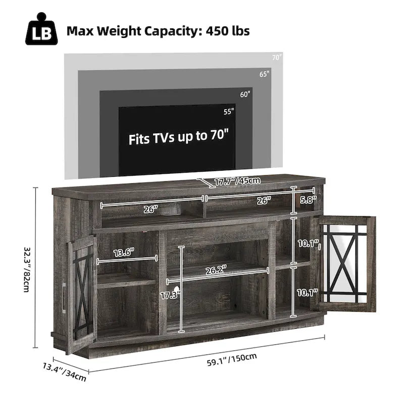 Meuble TV Moasis 150 cm avec 2 portes et lumières LED, pour téléviseurs jusqu'à 70 pouces