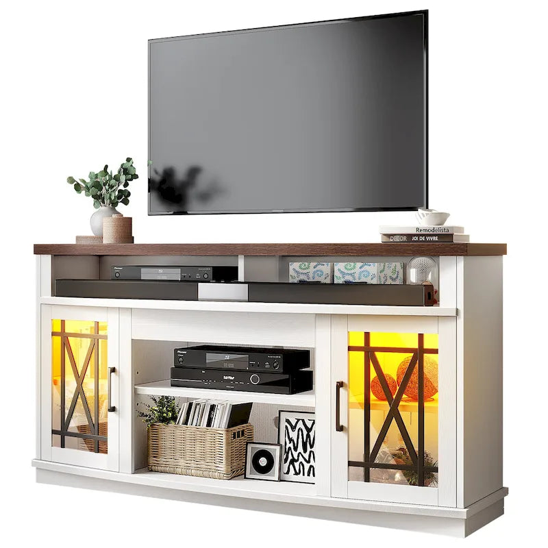 Meuble TV Moasis 150 cm avec 2 portes et lumières LED, pour téléviseurs jusqu'à 70 pouces