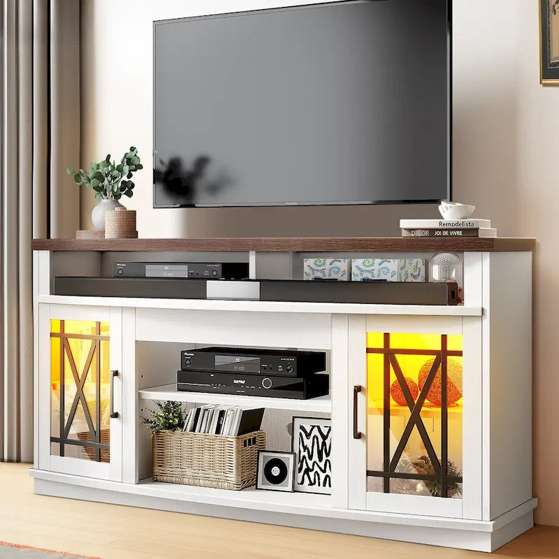 Meuble TV Moasis 150 cm avec 2 portes et lumières LED, pour téléviseurs jusqu'à 70 pouces
