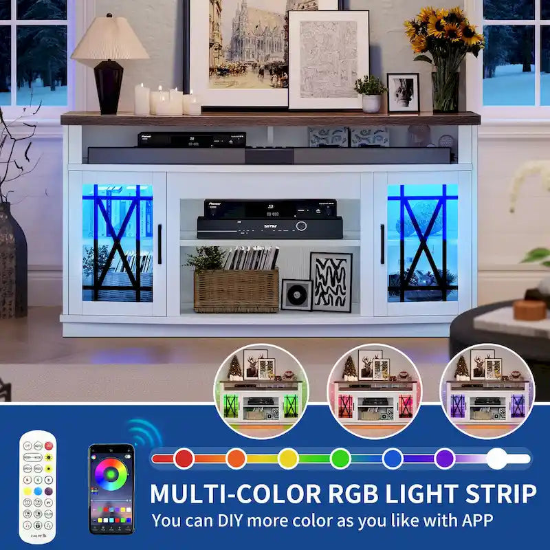 Meuble TV Moasis 150 cm avec 2 portes et lumières LED, pour téléviseurs jusqu'à 70 pouces