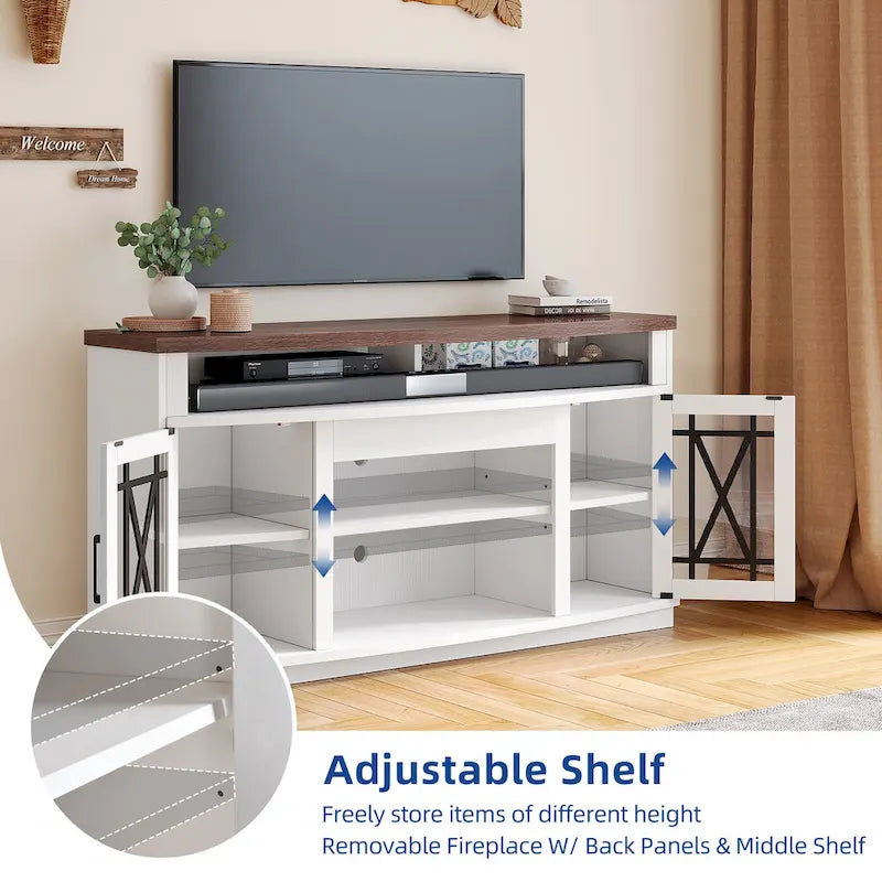 Meuble TV Moasis 150 cm avec 2 portes et lumières LED, pour téléviseurs jusqu'à 70 pouces