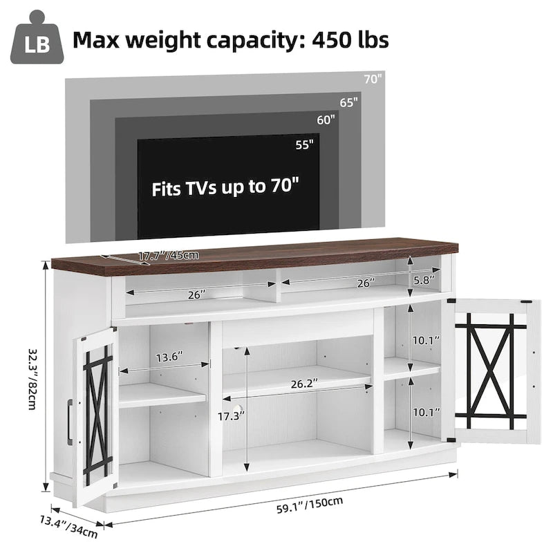 Meuble TV Moasis 150 cm avec 2 portes et lumières LED, pour téléviseurs jusqu'à 70 pouces