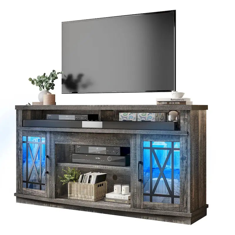 Meuble TV Moasis 150 cm avec 2 portes et lumières LED, pour téléviseurs jusqu'à 70 pouces