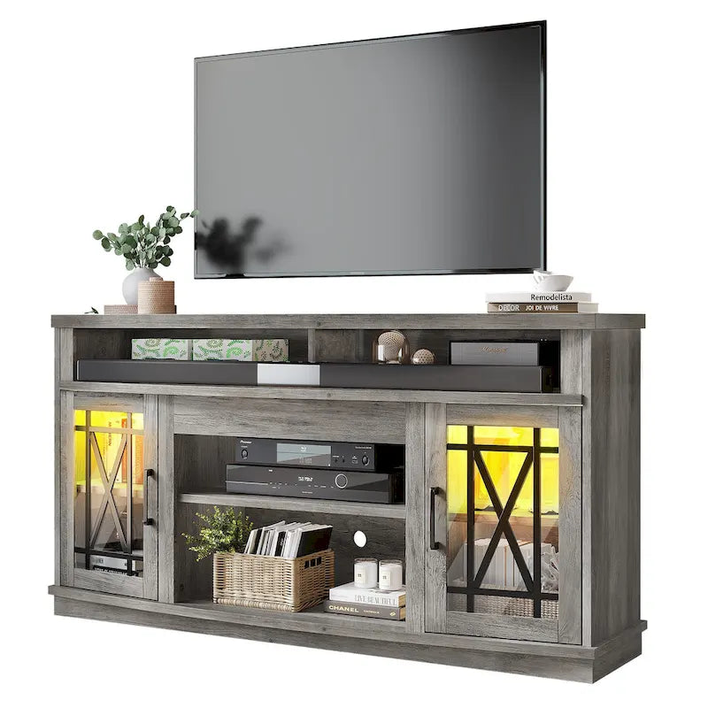 Meuble TV Moasis 150 cm avec 2 portes et lumières LED, pour téléviseurs jusqu'à 70 pouces