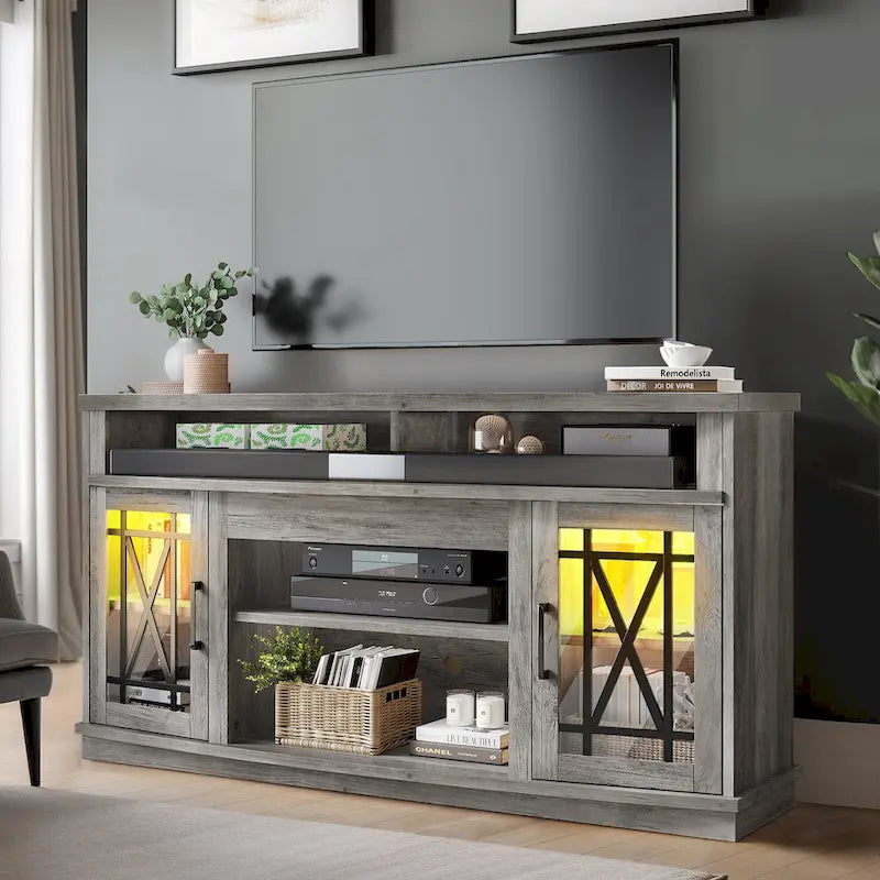 Meuble TV Moasis 150 cm avec 2 portes et lumières LED, pour téléviseurs jusqu'à 70 pouces
