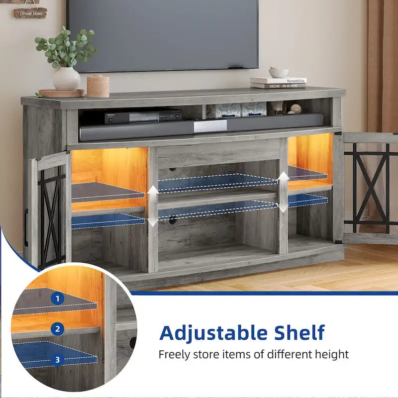Meuble TV Moasis 150 cm avec 2 portes et lumières LED, pour téléviseurs jusqu'à 70 pouces