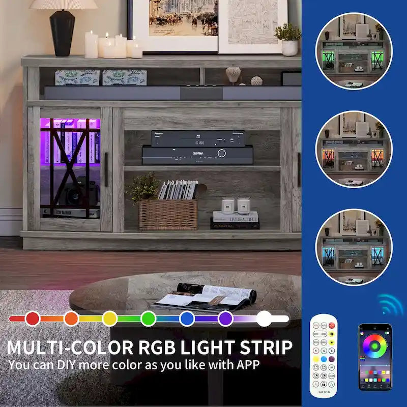 Meuble TV Moasis 150 cm avec 2 portes et lumières LED, pour téléviseurs jusqu'à 70 pouces