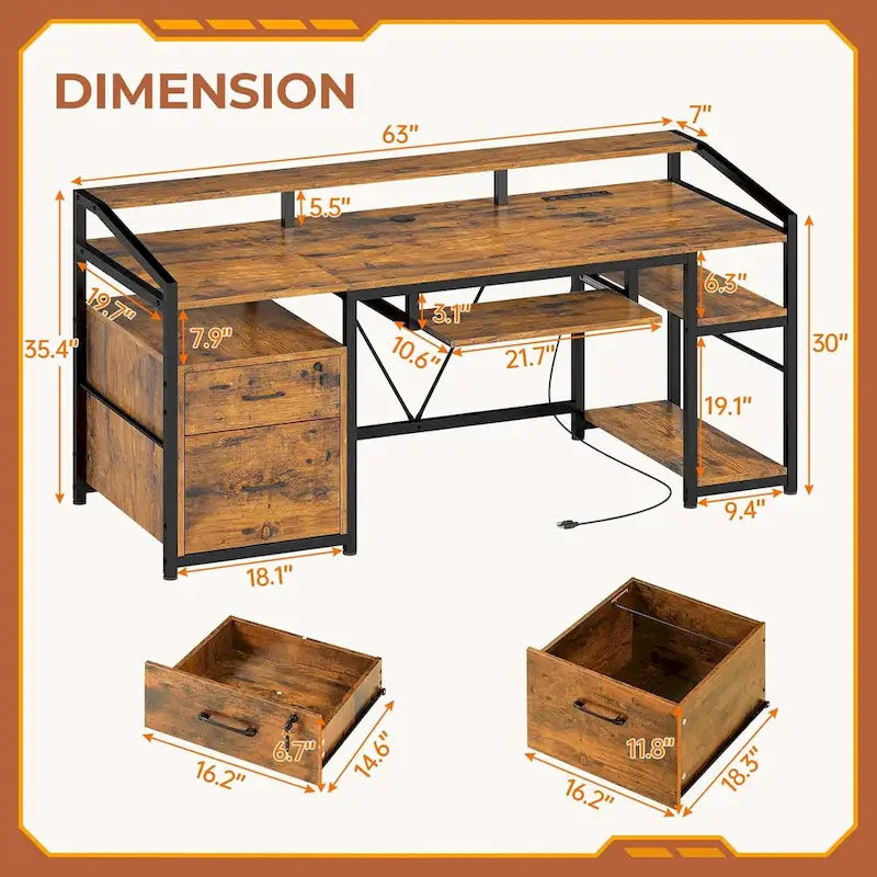Bureau d'ordinateur LED avec tiroirs verrouillables, support de clavier et prise de courant