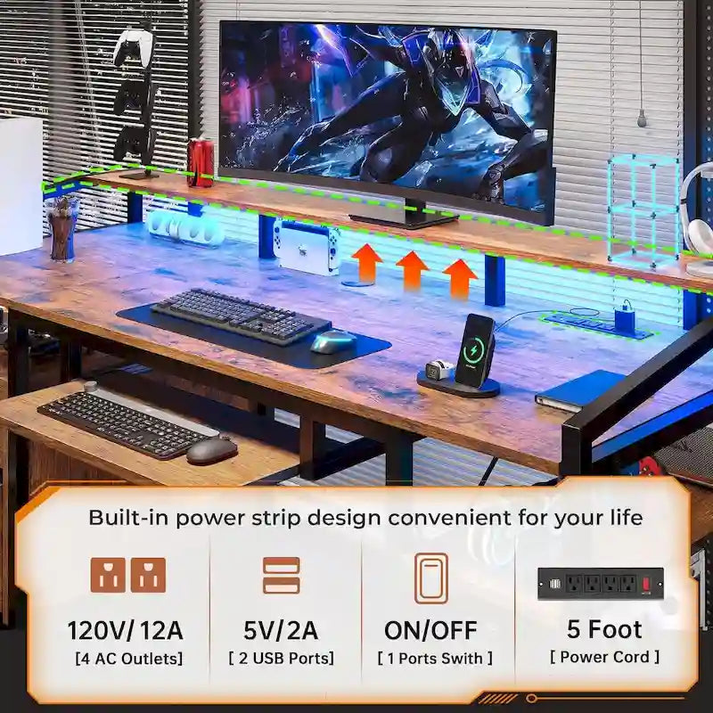 Bureau d'ordinateur LED avec tiroirs verrouillables, support de clavier et prise de courant