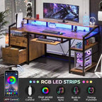Bureau d'ordinateur LED avec tiroirs verrouillables, support de clavier et prise de courant