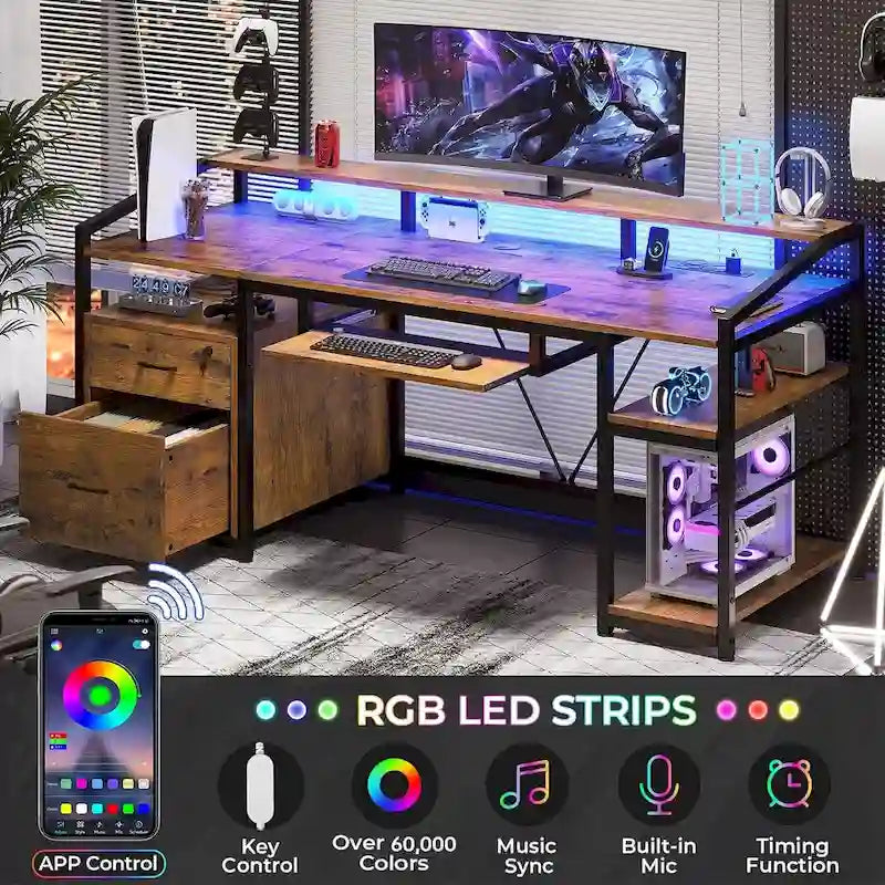 Bureau d'ordinateur LED avec tiroirs verrouillables, support de clavier et prise de courant