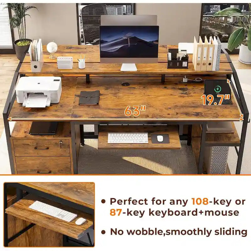 Bureau d'ordinateur LED avec tiroirs verrouillables, support de clavier et prise de courant