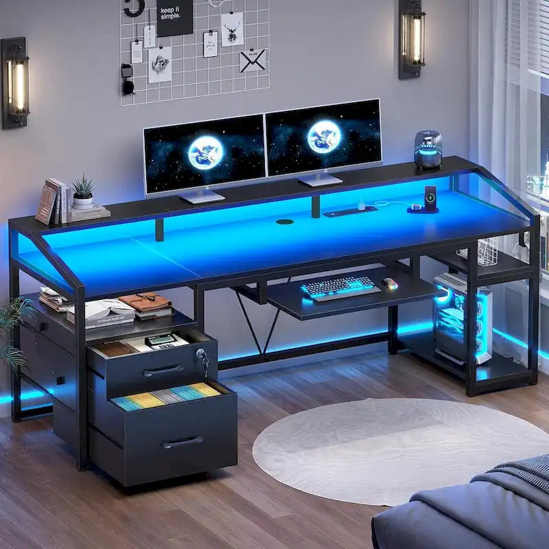 Bureau d'ordinateur LED avec tiroirs verrouillables, support de clavier et prise de courant