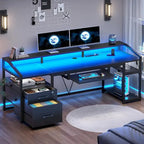Bureau d'ordinateur LED avec tiroirs verrouillables, support de clavier et prise de courant